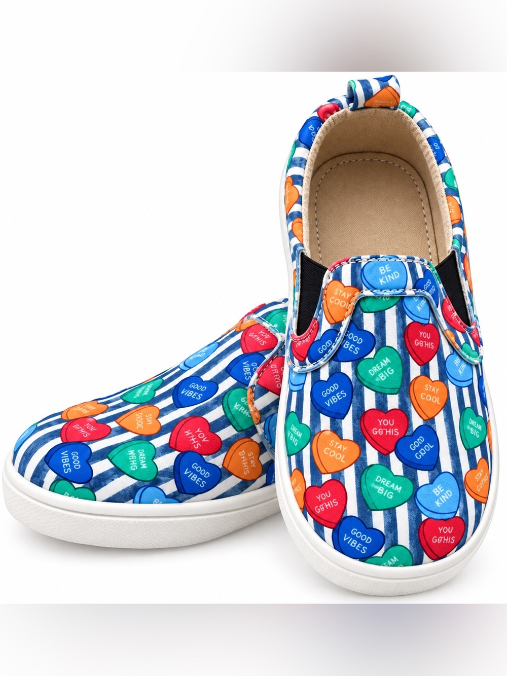 NWT Kids Blue Striped Slip-On Shoes with Colorful Heart Prints